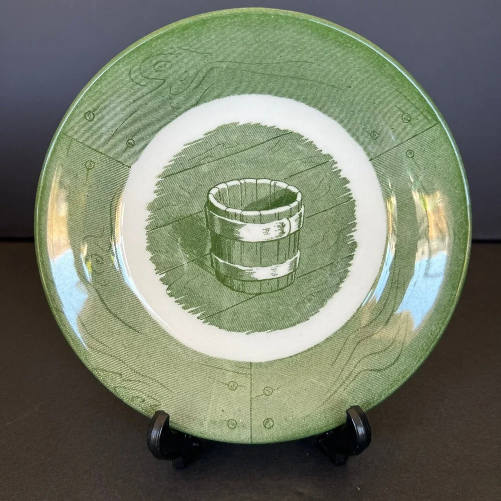 Vintage Green Transferware Wooden Bucket Bread Plates Set of 4 Farmhouse 6.25